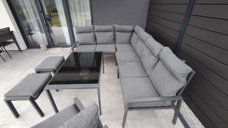 Komplet ogrodowy metalowy z narożnikiem, fotelem i pufami - Doros Corner XL - Dark Grey