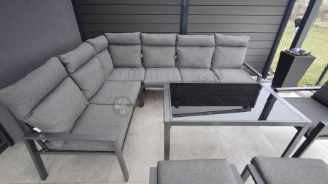 Komplet ogrodowy metalowy z narożnikiem, fotelem i pufami - Doros Corner XL - Dark Grey