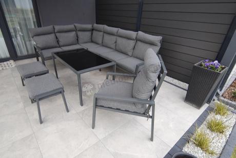 Komplet ogrodowy metalowy z narożnikiem, fotelem i pufami - Doros Corner XL - Dark Grey