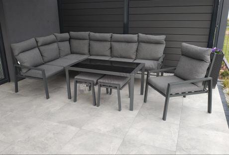 Komplet ogrodowy metalowy z narożnikiem, fotelem i pufami - Doros Corner XL - Dark Grey