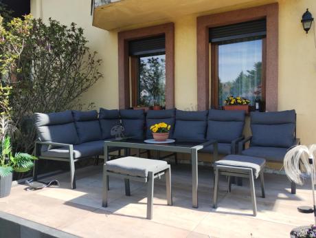 Komplet ogrodowy metalowy z narożnikiem, fotelem i pufami - Doros Corner XL - Dark Grey