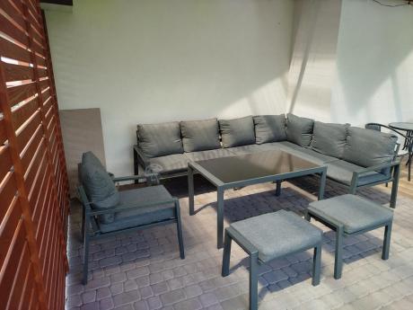Komplet ogrodowy metalowy z narożnikiem, fotelem i pufami - Sodor Corner XL - Dark Grey