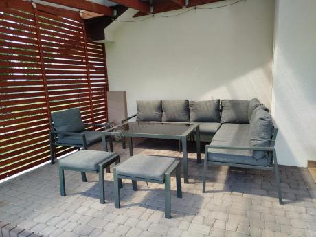 Komplet ogrodowy metalowy z narożnikiem, fotelem i pufami - Sodor Corner XL - Dark Grey