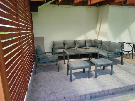 Komplet ogrodowy metalowy z narożnikiem, fotelem i pufami - Sodor Corner XL - Dark Grey