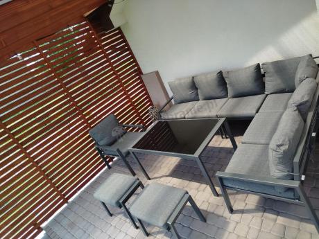 Komplet ogrodowy metalowy z narożnikiem, fotelem i pufami - Sodor Corner XL - Dark Grey