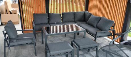 Komplet ogrodowy metalowy z narożnikiem, fotelem i pufami - Sodor Corner XL - Dark Grey