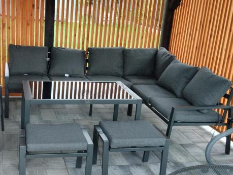 Komplet ogrodowy metalowy z narożnikiem, fotelem i pufami - Sodor Corner XL - Dark Grey