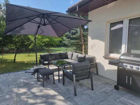 Komplet ogrodowy metalowy z narożnikiem, fotelem i pufami - Sodor Corner XL - Dark Grey