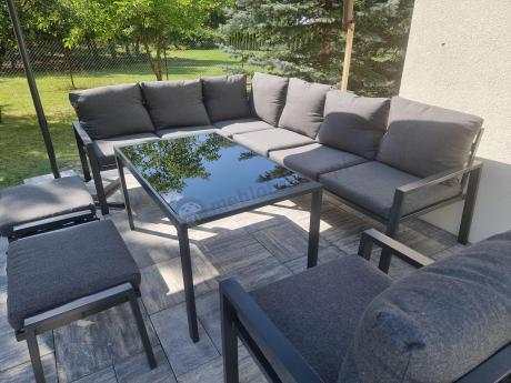 Komplet ogrodowy metalowy z narożnikiem, fotelem i pufami - Sodor Corner XL - Dark Grey