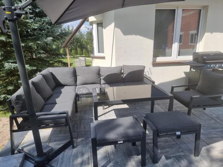 Komplet ogrodowy metalowy z narożnikiem, fotelem i pufami - Sodor Corner XL - Dark Grey