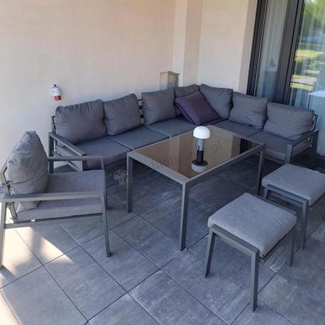 Komplet ogrodowy metalowy z narożnikiem, fotelem i pufami - Sodor Corner XL - Dark Grey