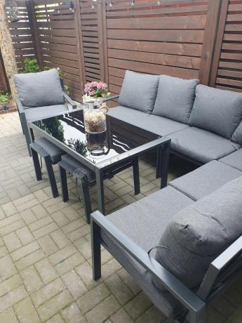 Komplet ogrodowy metalowy z narożnikiem, fotelem i pufami - Sodor Corner XL - Dark Grey