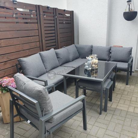 Komplet ogrodowy metalowy z narożnikiem, fotelem i pufami - Sodor Corner XL - Dark Grey