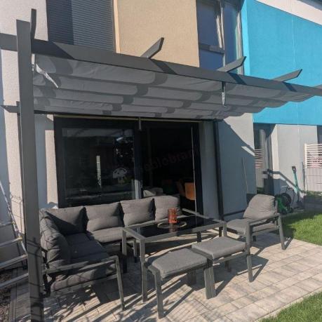 Komplet ogrodowy metalowy z narożnikiem, fotelem i pufami - Sodor Corner XL - Dark Grey