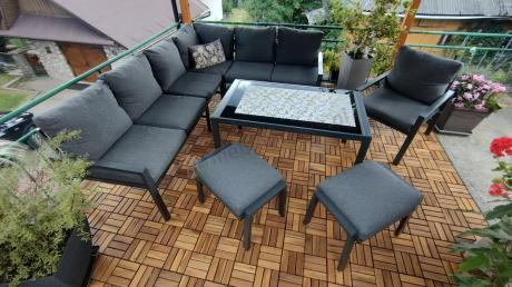 Komplet ogrodowy metalowy z narożnikiem, fotelem i pufami - Sodor Corner XL - Dark Grey