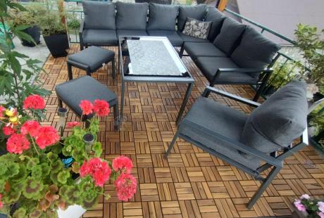 Komplet ogrodowy metalowy z narożnikiem, fotelem i pufami - Sodor Corner XL - Dark Grey