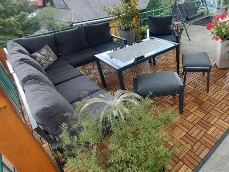 Komplet ogrodowy metalowy z narożnikiem, fotelem i pufami - Sodor Corner XL - Dark Grey