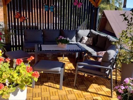 Komplet ogrodowy metalowy z narożnikiem, fotelem i pufami - Sodor Corner XL - Dark Grey