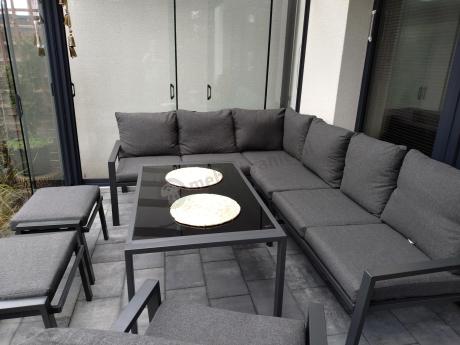 Komplet ogrodowy metalowy z narożnikiem, fotelem i pufami - Sodor Corner XL - Dark Grey