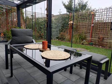 Komplet ogrodowy metalowy z narożnikiem, fotelem i pufami - Sodor Corner XL - Dark Grey