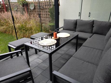 Komplet ogrodowy metalowy z narożnikiem, fotelem i pufami - Sodor Corner XL - Dark Grey