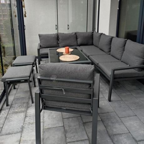 Komplet ogrodowy metalowy z narożnikiem, fotelem i pufami - Sodor Corner XL - Dark Grey