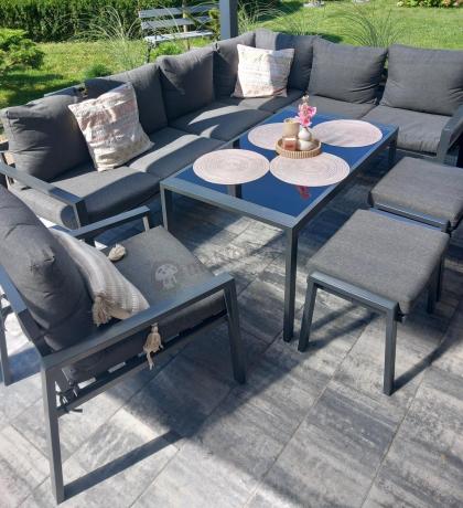 Komplet ogrodowy metalowy z narożnikiem, fotelem i pufami - Sodor Corner XL - Dark Grey