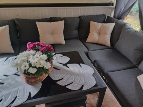 Komplet ogrodowy metalowy z narożnikiem, fotelem i pufami - Sodor Corner XL - Dark Grey