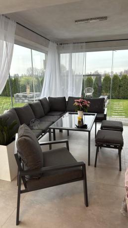 Komplet ogrodowy metalowy z narożnikiem, fotelem i pufami - Sodor Corner XL - Dark Grey