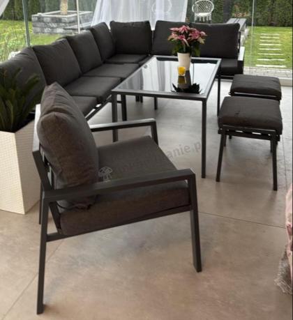 Komplet ogrodowy metalowy z narożnikiem, fotelem i pufami - Sodor Corner XL - Dark Grey