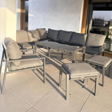 Komplet ogrodowy metalowy z narożnikiem, fotelem i pufami - Sodor Corner XL - Dark Grey