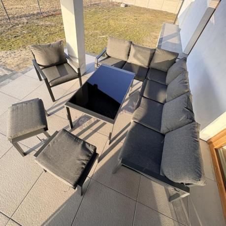 Komplet ogrodowy metalowy z narożnikiem, fotelem i pufami - Sodor Corner XL - Dark Grey