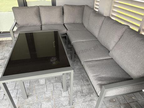 Komplet ogrodowy metalowy z narożnikiem, fotelem i pufami - Sodor Corner XL - Dark Grey