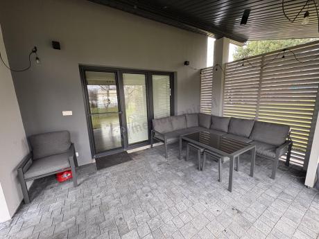 Komplet ogrodowy metalowy z narożnikiem, fotelem i pufami - Sodor Corner XL - Dark Grey