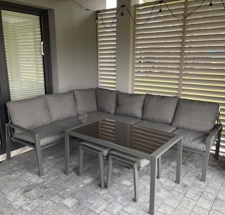 Komplet ogrodowy metalowy z narożnikiem, fotelem i pufami - Sodor Corner XL - Dark Grey