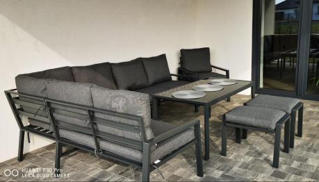 Komplet ogrodowy metalowy z narożnikiem, fotelem i pufami - Sodor Corner XL - Dark Grey