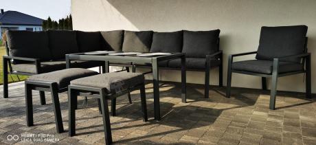 Komplet ogrodowy metalowy z narożnikiem, fotelem i pufami - Sodor Corner XL - Dark Grey