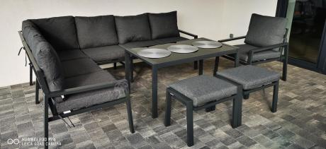 Komplet ogrodowy metalowy z narożnikiem, fotelem i pufami - Sodor Corner XL - Dark Grey