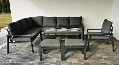 Komplet ogrodowy metalowy z narożnikiem, fotelem i pufami - Sodor Corner XL - Dark Grey