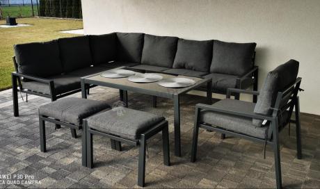 Komplet ogrodowy metalowy z narożnikiem, fotelem i pufami - Sodor Corner XL - Dark Grey