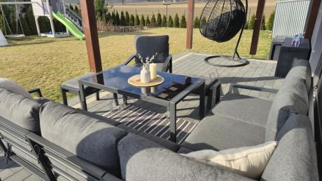 Komplet ogrodowy metalowy z narożnikiem, fotelem i pufami - Sodor Corner XL - Dark Grey
