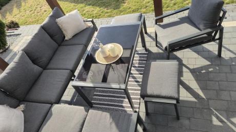 Komplet ogrodowy metalowy z narożnikiem, fotelem i pufami - Sodor Corner XL - Dark Grey