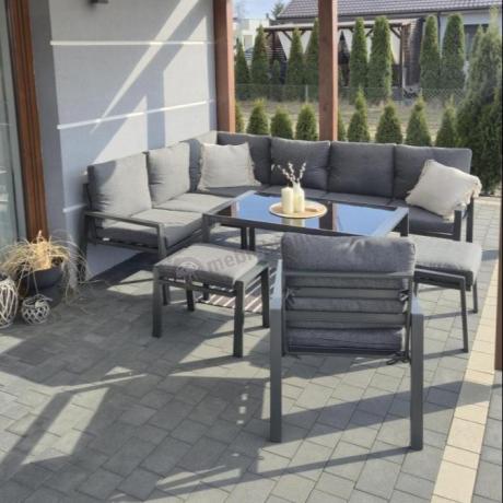 Komplet ogrodowy metalowy z narożnikiem, fotelem i pufami - Sodor Corner XL - Dark Grey