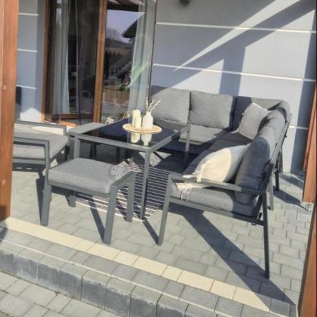 Komplet ogrodowy metalowy z narożnikiem, fotelem i pufami - Sodor Corner XL - Dark Grey