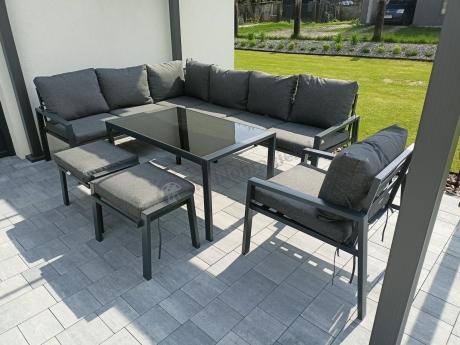 Komplet ogrodowy metalowy z narożnikiem, fotelem i pufami - Sodor Corner XL - Dark Grey