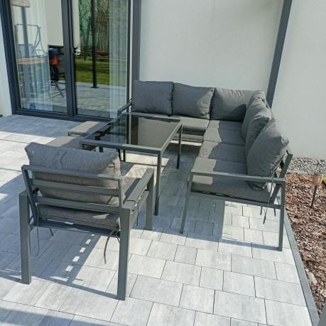 Komplet ogrodowy metalowy z narożnikiem, fotelem i pufami - Sodor Corner XL - Dark Grey