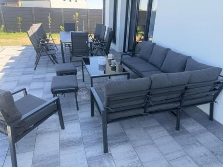Komplet ogrodowy metalowy z narożnikiem, fotelem i pufami - Sodor Corner XL - Dark Grey