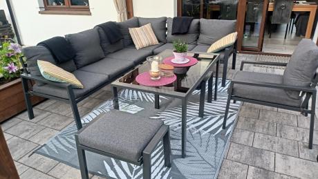 Komplet ogrodowy metalowy z narożnikiem, fotelem i pufami - Sodor Corner XL - Dark Grey