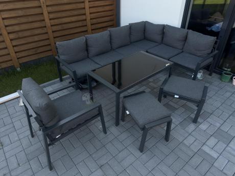 Komplet ogrodowy metalowy z narożnikiem, fotelem i pufami - Sodor Corner XL - Dark Grey