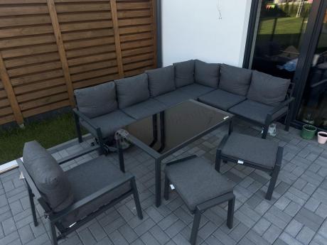 Komplet ogrodowy metalowy z narożnikiem, fotelem i pufami - Sodor Corner XL - Dark Grey